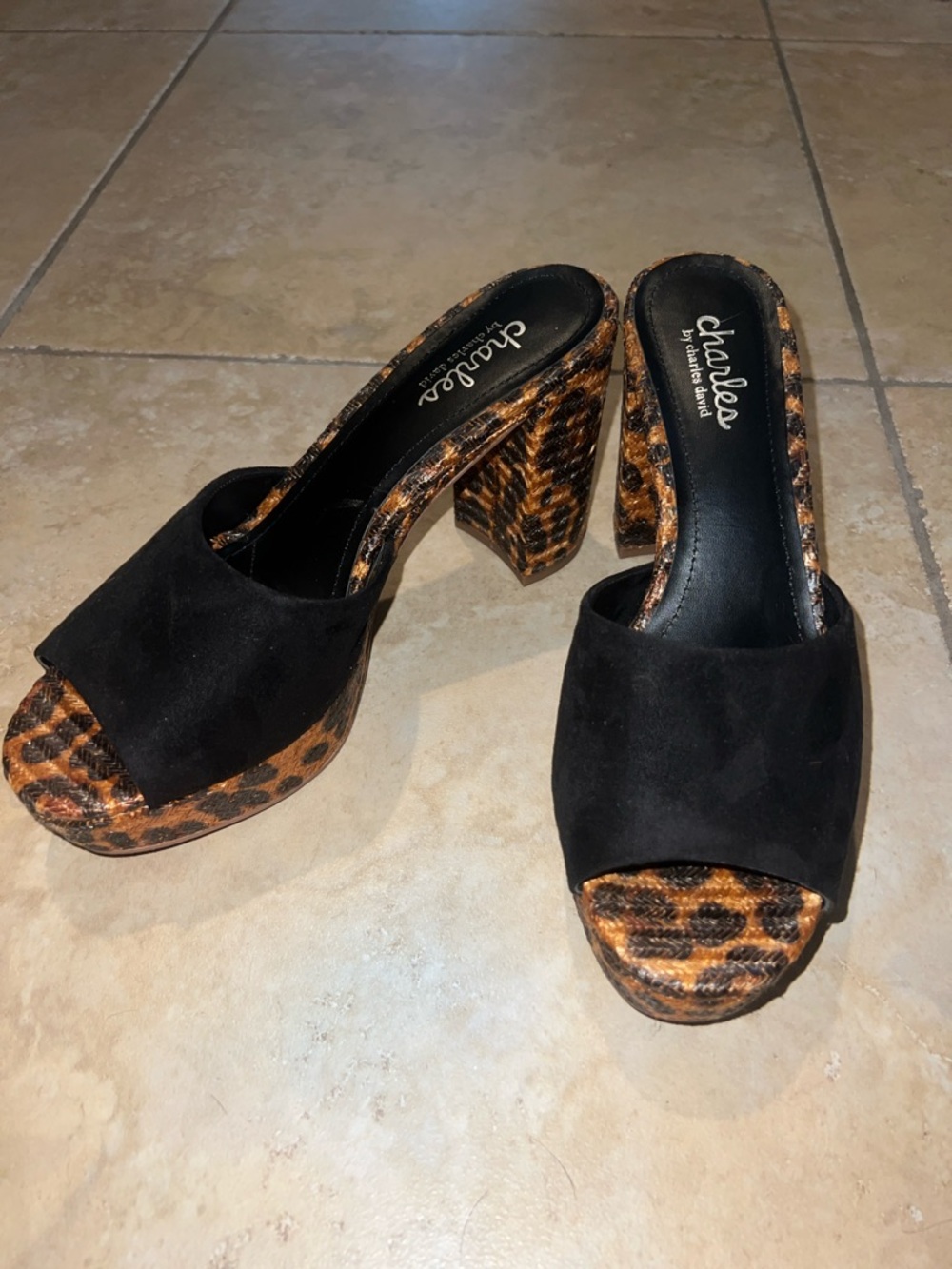 Charles by Charles David Black Suede Mules with Leopard-Print Platform size 9
